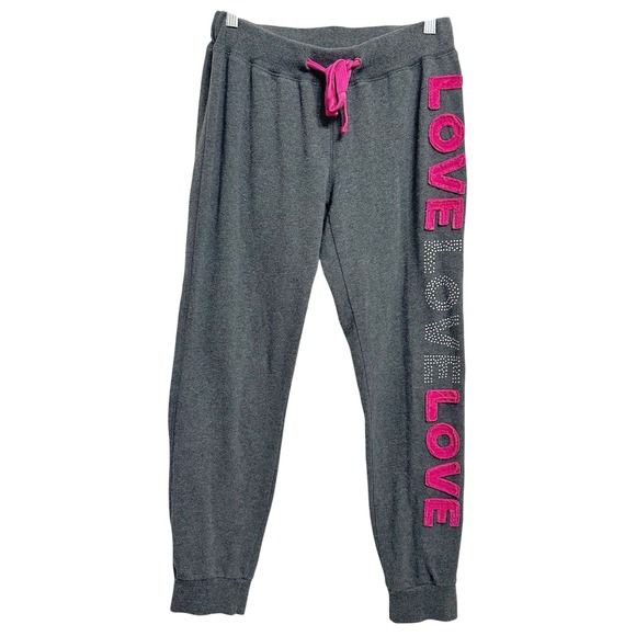 Reflex Gray Jogger Sweatpants Love Rhinestone Pink Drawstring Womens Medium - Picture 1 of 6